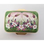 Moorcroft enamel patch box, rectangular, green ground and floral decorated, initialled 'FW' to base,