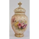 Royal Worcester blush ivory ground pot pourri vase, cover and liner, early 20th century, printed