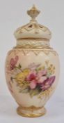 Royal Worcester blush ivory ground pot pourri vase, cover and liner, early 20th century, printed