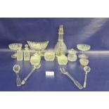 Four-section glass spirit decanter, baluster-shaped, a pair of pedestal sweetmeat dishes with etched