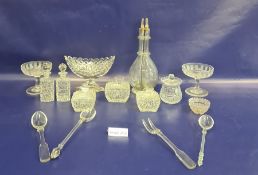 Four-section glass spirit decanter, baluster-shaped, a pair of pedestal sweetmeat dishes with etched