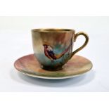 Royal Worcester demi tasse and saucer, printed puce marks, printed date code for 1929, painted by R.