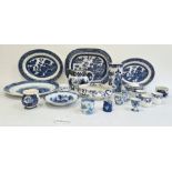 Pair Masons pottery cylindrical vases, willow pattern, sundry meat dishes and other blue and white