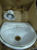 Edwardian-style ceramic basin, white with green foliate decoration and a matching wall lamp (2)