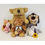 Large fur covered koala and other soft toys including Pooh and Eeyore (1 box)