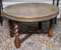 Brass tray-top table on barleytwist block turned supports, 60cm diameter