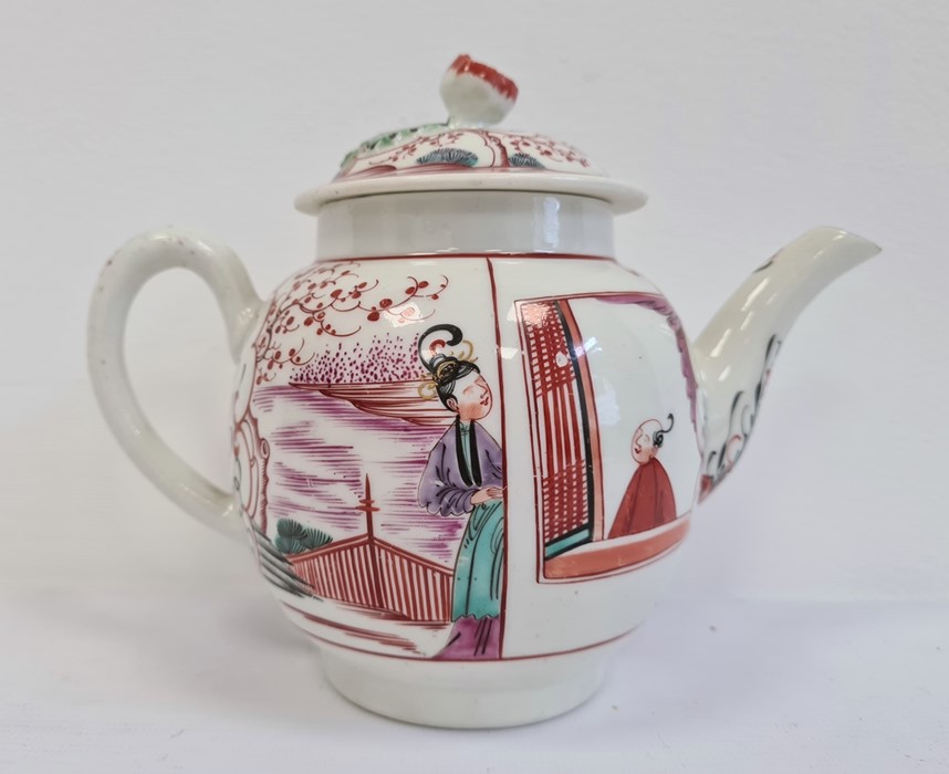 A Worcester teapot and cover, circa 1770, decorated in iron-red, puce, black and green with