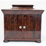 19th century rosewood workbox, the pagoda hinged top opening to reveal compartmented tray
