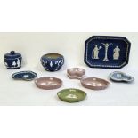 Collection of blue and white Wedgwood jasperware to include trinket dishes, pot and cover, a