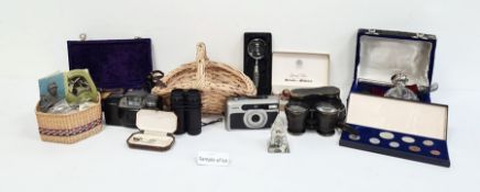 Collection of coins, banknotes, opera glasses, cameras, etc (1 box)