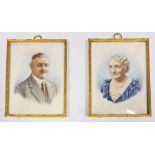 Pair Edwardian/1920's miniatures on ivory Head and shoulders portraits of husband and wife, 9.25
