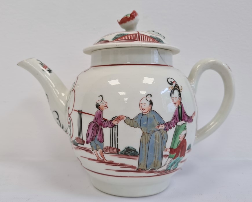 A Worcester teapot and cover, circa 1770, decorated in iron-red, puce, black and green with - Image 2 of 4