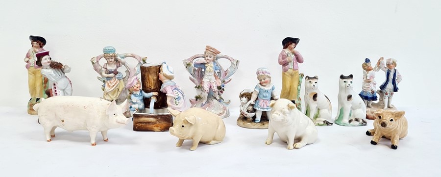 Belleek porcelain model pig, seated, 10cm wide, a Beswick model pig inscribed 'C H Warboy '53',