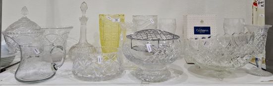 Collection of cut and moulded glassware comprising a yellow tinted tapering flower vase cut with