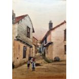 Ambrose Foster (20th century school) Watercolour drawing Figures in a village, signed in red lower