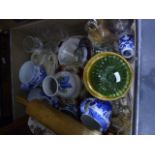 Assorted ceramics including various blue and white enamel plates, a JHW & Sons, Hanley part cake