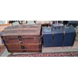 Brown leather covered dome-top trunk and one further trunk and contents (2)