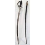 Indian cavalry sword with curved and engraved blade, leather sheath