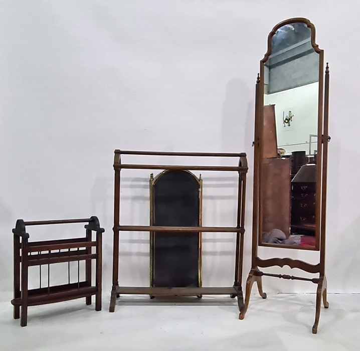 20th century cheval mirror, a four-fold spark guard, a towel rail and a magazine rack (5)