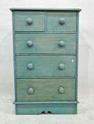 Blue painted 20th century pine chest of two short over three long drawers, on plinth base, 70.5cm