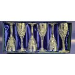 Set of six Royal Doulton cut glass goblets of broad tulip shape, boxed