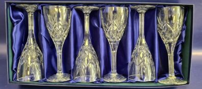 Set of six Royal Doulton cut glass goblets of broad tulip shape, boxed