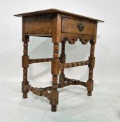 Reproduction oak side table, the rectangular top with moulded edge above single drawer, bobbin and