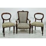 Set of four Victorian mahogany balloon-back chairs and similarly upholstered salon chair (5)