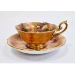 Royal Worcester fruit painted teacup and saucer by H. Ayrton, printed puce marks, date code for