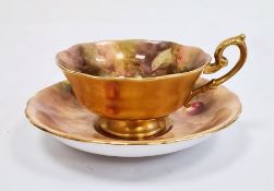 Royal Worcester fruit painted teacup and saucer by H. Ayrton, printed puce marks, date code for