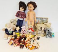 Various mid 20th century celluloid costume dolls, an early 20th century bisque-headed foreign