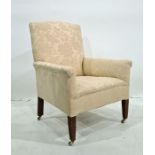 19th century armchair in pale cream foliate patterned upholstery, square section tapering supports