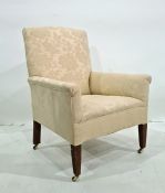 19th century armchair in pale cream foliate patterned upholstery, square section tapering supports