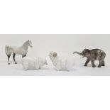 Beswick pottery model of a horse, 17cm high, an elephant and a pair of Lladro models of sheep,