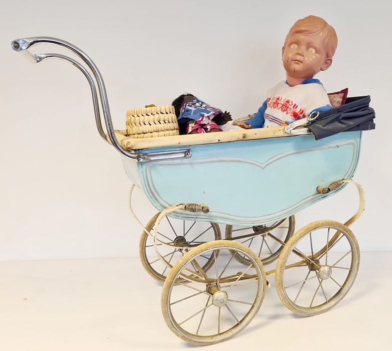 Large mid 20th century celluloid doll, a metal and coach built pram in pale blue and cream and other
