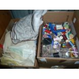Various table linens, sewing accessories, a footstool, etc (2 boxes)