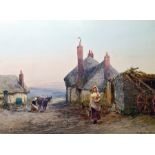 Unattributed Watercolour drawing Country scene with cottage and girl milking, signed indistinctly