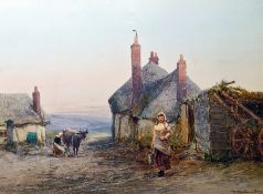 Unattributed Watercolour drawing Country scene with cottage and girl milking, signed indistinctly