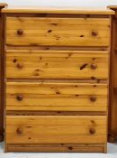 20th century pine chest of four long drawers, 74cm x 99cm