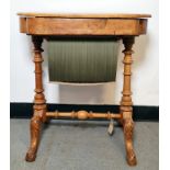 19th century burr walnut and inlaid sewing table, the lozenge-shaped top opening to reveal fitted