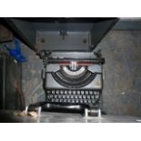 Portable typewriter and two vintage sewing machine  and a picnic gramophone (4)