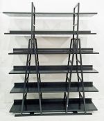 Modern black-finished open shelving unit (possibly Ligne Roset) of six shelves, 160cm x 200cm