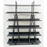 Modern black-finished open shelving unit (possibly Ligne Roset) of six shelves, 160cm x 200cm