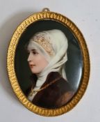 Probably early 20th century miniature portrait on porcelain of lady with white headscarf, brown