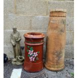 A painted chimney pot, another chimney pot and a garden figure of a monk with deer