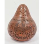 Nineteenth century Peruvian carved gourd, hand engraved with indigenous village scenes