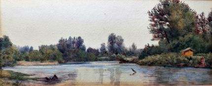 J W Lee (20th century school) Watercolour drawing Lake scene, signed lower left and dated 1915, 11cm