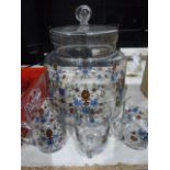 Assorted glassware including a speckled glass bubble glass and decorated biscuit barrel, a bubble