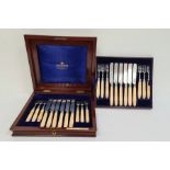 Mappin Brothers solid silver blades and bone-handled fruit knives and forks for 12, in mahogany