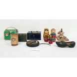 Collection of boxes to include a miniature metal safe with carry handle, a brass candleholder,